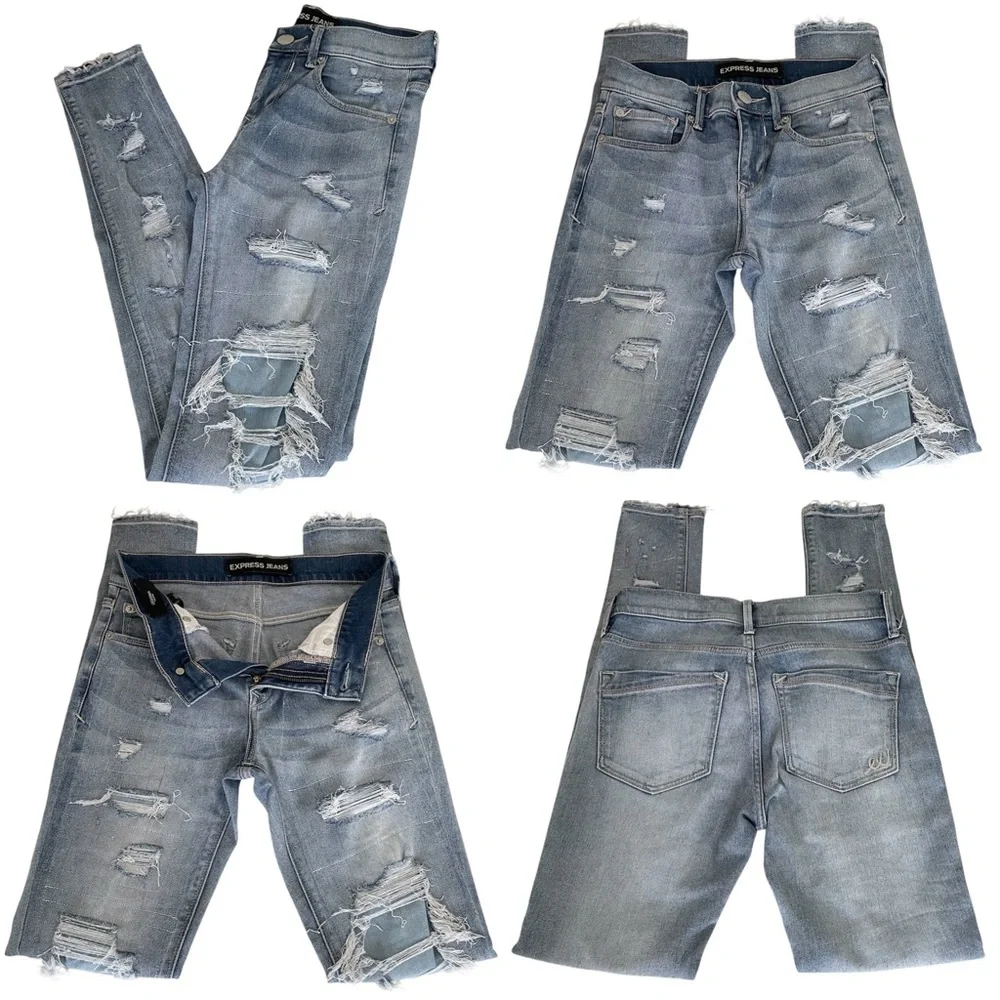 Express Blue Skinny Jeans Distressed Ripped Mid-Rise Women’s 00R - Picture 1 of 12